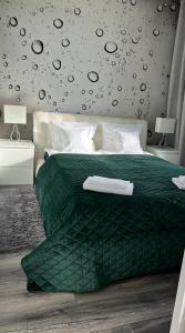 托伦Apartament Winnica的一间卧室配有一张带绿色棉被的床