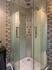 阿雷特FLOR de MONTANHAS - 4PERS - Appart vacances的浴室里设有玻璃门淋浴