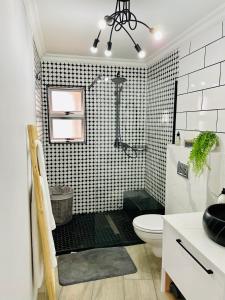 布鲁堡史特兰Luxurious 2-bedroom beach apartment with a view!的带淋浴和卫生间的浴室。