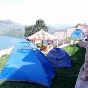 KibuyeKivu Macheo eco-lodge的凉亭旁草原上的两顶蓝色帐篷