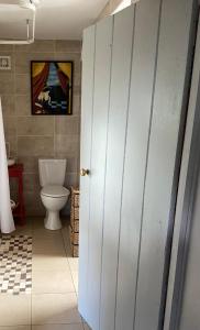 利默里克Katie’s Cottage的一间带卫生间和白色门的浴室