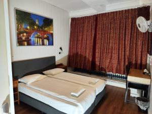 乌得勒支荷兰旅舍酒店的一间卧室配有一张床、一张书桌和一个窗户。