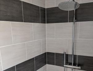 TursacDomaine de Fleurie的浴室铺有灰色和白色瓷砖,设有淋浴。