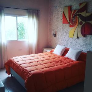 诺诺Cabañas Paraje Noviembre的一间卧室配有一张带红色棉被的床和窗户。