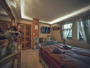 大特尔诺沃Тhe Bohemian Lodge-entire house with sauna的一间卧室设有一张床、一台电视和一个窗口。