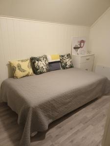 特罗姆瑟Olgas apartment的一间卧室配有带枕头的床