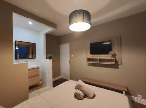 瓦尔拉普拉日Chez Julien & Mathieu的一间卧室配有一张床、一台电视和一盏灯