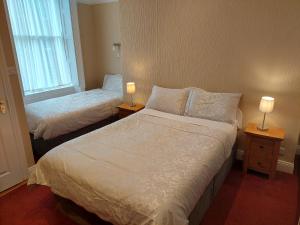 都柏林公园道路旅馆的一间卧室设有两张床和两张台灯。