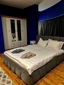 布拉戈耶夫格勒ROOF TOP LUXURY的卧室内的一张大床,卧室内有蓝色的墙壁