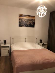 布加勒斯特Green 44 Central Bucharest Universitate的卧室配有白色的床和吊灯。
