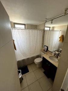 伊基克apartamento con vista al mar y piscina.的一间带卫生间、水槽和镜子的浴室