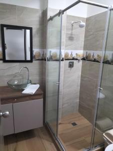 圣罗莎德卡瓦尔apartamento family的一间带玻璃淋浴间和水槽的浴室