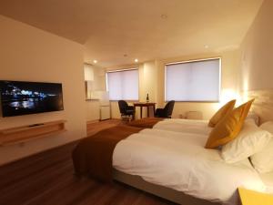 饭山市Fujio Pension Madarao Apartment Hotel & Restaurant的酒店客房设有一张大床和一台电视机。