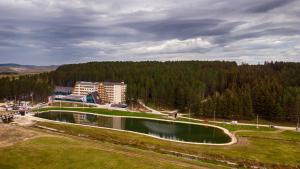 谢尼察Hotel Borovi Forest Resort & Spa的一座建筑所在的田野里一大片水