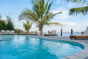 普拉伊拉多比莱尼Mukumbura Lodge Bilene的一个带椅子的游泳池,并种植了棕榈树