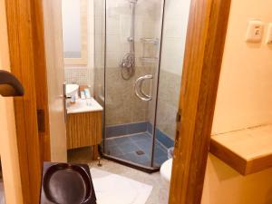 巴格达帕姆酒店的带淋浴、卫生间和盥洗盆的浴室