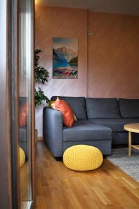 兹拉蒂博尔Apartman Dream的客厅配有蓝色的沙发和桌子