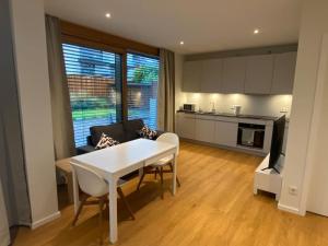 卢森堡New Luxury Studio in the Heart of Kirchberg -D的厨房以及带白色桌椅的起居室。