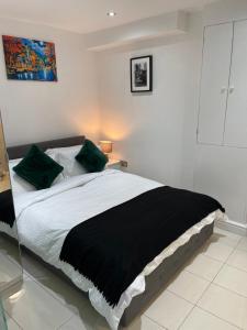 SouthminsterModern 1 Bedroom Holiday Apartment in Southminster的一间卧室配有一张带绿色枕头的大床