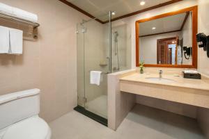 海阳纳聪海阳酒店的浴室配有卫生间、盥洗盆和淋浴。