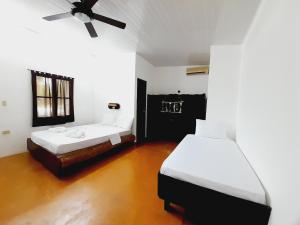 圣卡塔利娜岛Hibiscus Garden的客房设有两张床和吊扇。