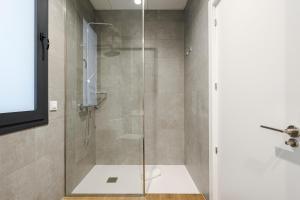 马德里Feelathome Castilla Apartments的带淋浴的浴室和玻璃门