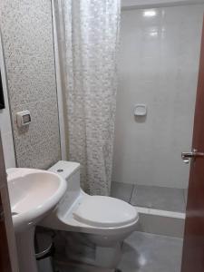 塔克纳HOSTAL QENQO的浴室配有卫生间、盥洗盆和淋浴。