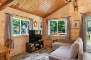 阿什福德Cozy Cedar Cabin Steps Away From Mt. Rainier的带沙发和电视的客厅