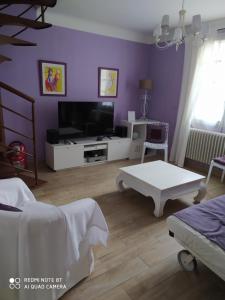 赛尼翁Villa Les Carlets的客厅设有紫色墙壁和电视。