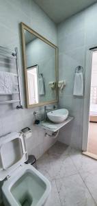 巴库Qala Hotel的一间带水槽、卫生间和镜子的浴室