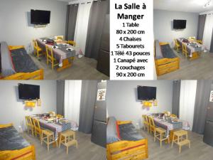 德沃吕伊Appartement 8-10 personnes SUPERDEVOLUY Hautes Alpes REZ DE CHAUSSÉE Vue panoramique 3 CHAMBRES的一间用餐室的四张照片,配有桌子和电视