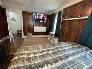 Saint MarysLovely Rural 1 Bedroom Apartment in St Mary’s的一间卧室配有一张床和一台电视。