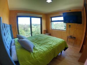安库德Cabaña Nueva en Ancud Chiloe的一间卧室设有一张绿色的床和大窗户