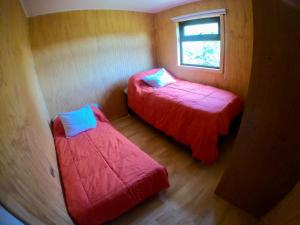安库德Cabaña Nueva en Ancud Chiloe的小型客房 - 带2张床和窗户