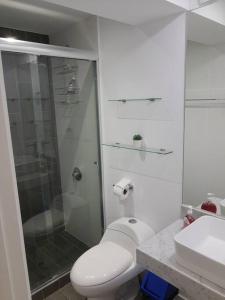 利马Encantador apartamento en Miraflores的白色的浴室设有卫生间和淋浴。