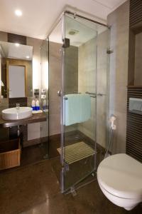 穆索里Fortune Resort Grace, Mussoorie - Member ITC's Hotel Group的带淋浴、卫生间和盥洗盆的浴室