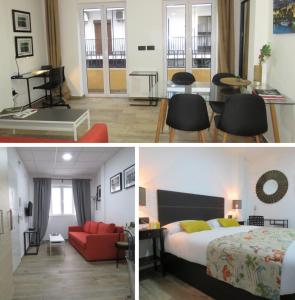 塞维利亚Living Sevilla Apartments Hércules的两张图片的酒店客房 - 带一张床和一间客厅