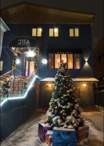 阿拉木图Hostel 211A的灯火通明的建筑前的圣诞树