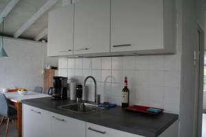 SchoorldamRekerlanden 90的厨房配有水槽和一瓶葡萄酒