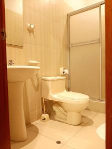 伊基托斯100 RV Apartments Iquitos-Apartamento primer piso con vista a piscina的一间带卫生间和水槽的浴室