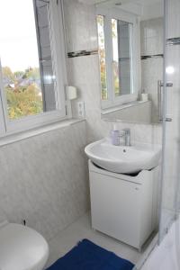 柏林Helles Apartment in Berlin-Mariendorf的白色的浴室设有水槽和卫生间。