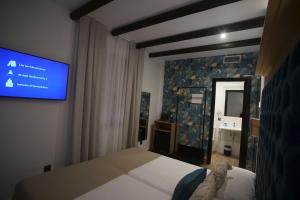 埃尔罗西奥Hostal Rural Santa Habitaciones Aldea del Rocío的卧室配有一张床,墙上配有电视。