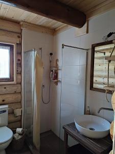 新瓦罗什Brvnara Pahuljica Zlatar的带浴缸、淋浴和卫生间的浴室