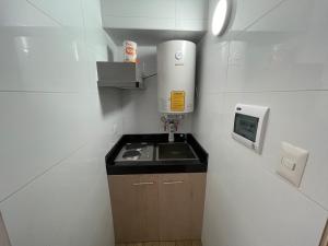 康塞普西翁TinyApartments - estudio pleno centro Concepción的一个带水槽的小厨房和 热水器