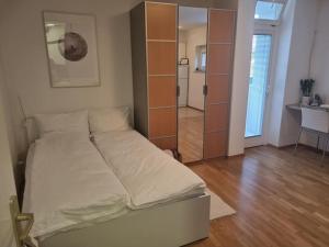 卢布尔雅那Little cozy apt close to centre的一间卧室配有一张大床和一个衣柜