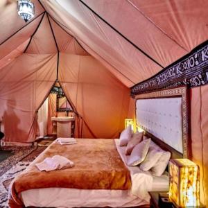 梅尔祖卡Desert Lover's Luxury Camp的帐篷内一间卧室,配有一张床