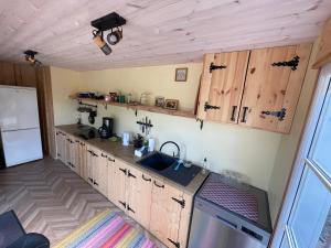 Koguva卡斯普里农家乐的一个带木制橱柜和水槽的厨房