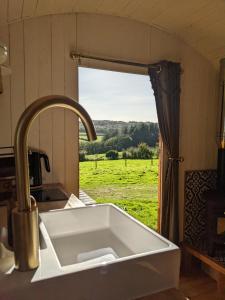 比迪福德Stunning Shepherd's Hut Retreat North Devon的厨房内的水槽,享有田野美景