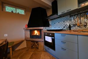 拉科维察Apartmani Zagi的厨房配有壁炉、炉灶