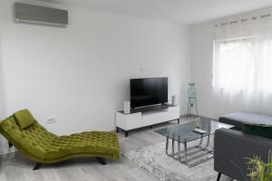 斯拉沃尼亚布罗德Apartman Škrinjar的客厅配有绿色椅子和电视